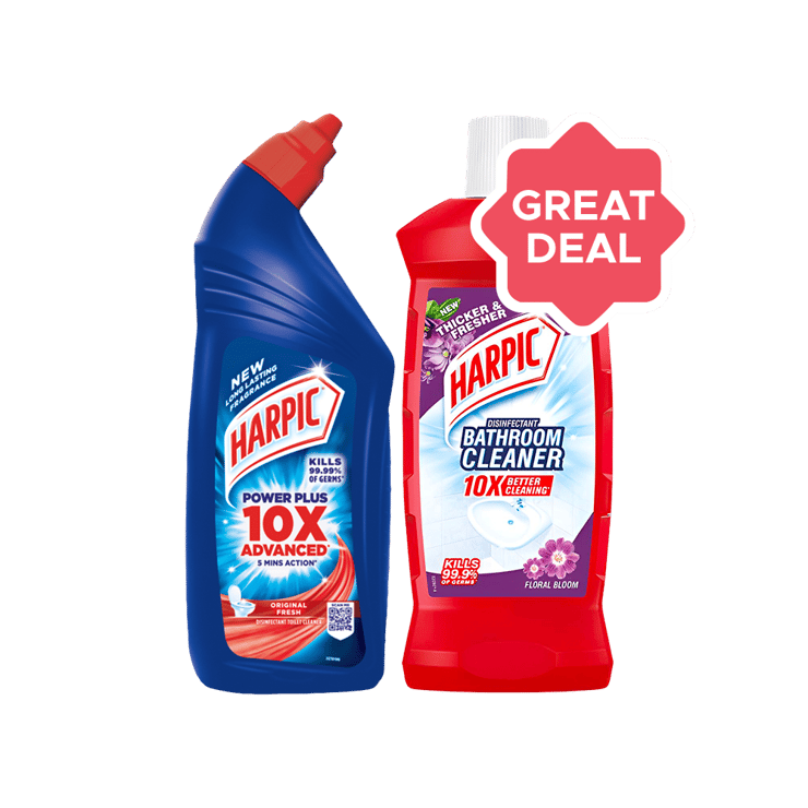 Harpic Disinfectant Original Liquid Toilet Cleaner + Harpic Disinfectant Liquid Bathroom Cleaner, Floral Bloom – 1 l Combo – 1 ltr + 1 ltr