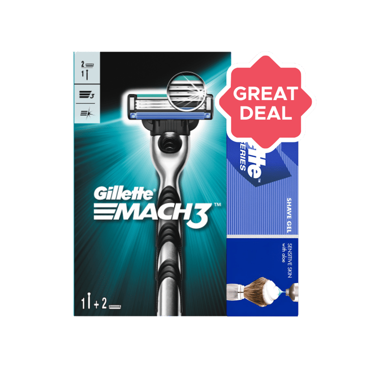 Gillette Mach 3 Men’s Razor – with 2 Cartridges + Gillette Sensitive Skin Shaving Gel with Aloe Combo – 1 unit + 60 g
