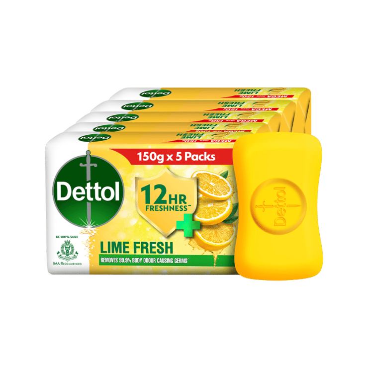 Dettol Lime Fresh Bathing Bar Soap with 12 hrs Freshness – 5 x 150 g