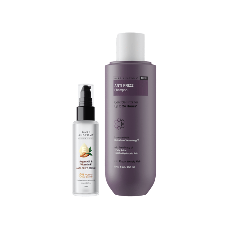 Bare Anatomy Argan & Vitamin E Anti-Frizz Hair Serum +  Anti Frizz Shampoo Combo – 75 ml + 250 ml