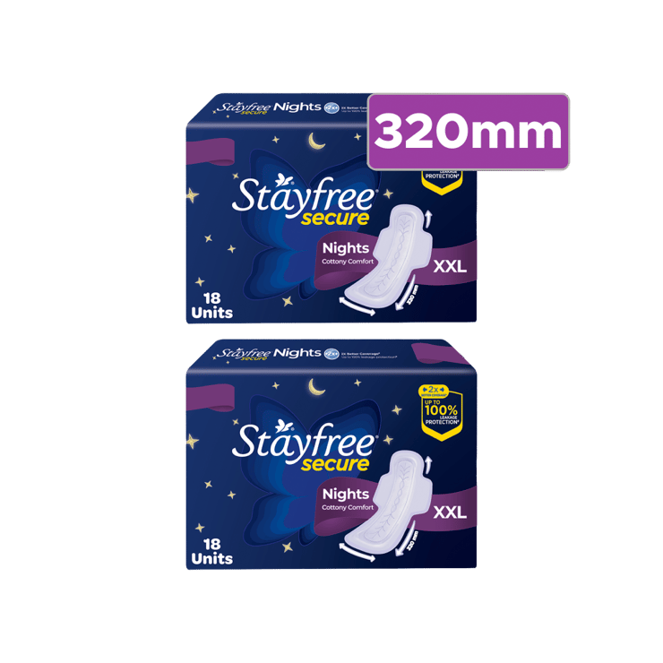Stayfree Secure Nights Sanitary Pads – Pack of 2 – 2 x 1 pack (18 pieces)
