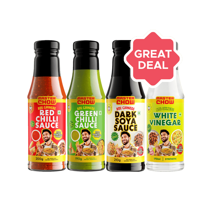 MasterChow Green Chilli Sauce +  Dark Soya Sauce +  Red Chilli Sauce +  White Vinegar Combo – 190 g + 210 g + 200 g + 170 ml