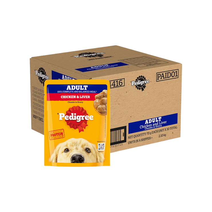 Pedigree Adult Dog Wet Food – Chicken & Liver Chunks in Gravy flavour – 30 x 70 g