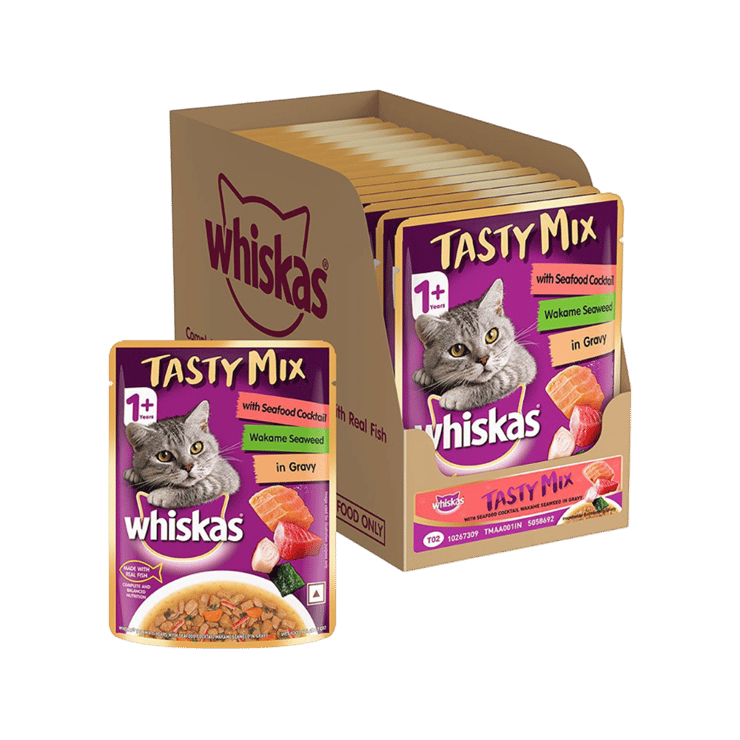 Whiskas Tasty Mix Wet Cat Food (Cocktail Wakame Seaweed in Gravy) – 980 g (14 x 70 g)