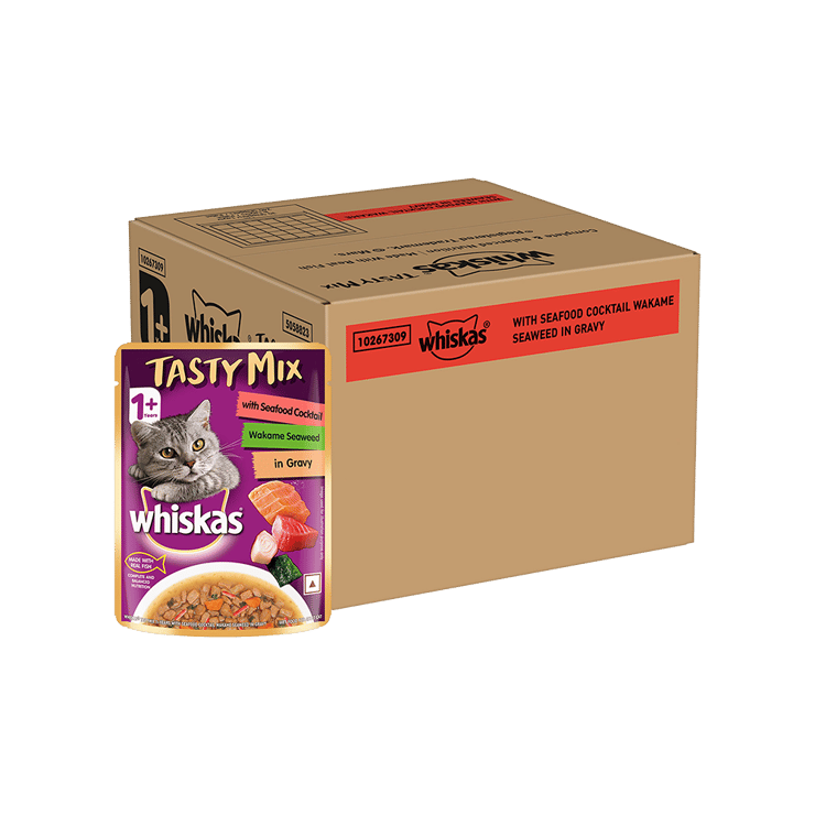 Whiskas Tasty Mix Wet Cat Food (Seafood Cocktail Wakame Seaweed in Gravy, 1+ Years) – 24 x 70 g