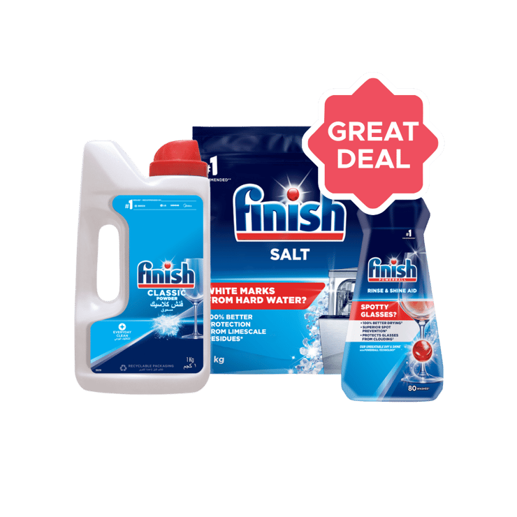 Finish Rinse Aid, Shine & Dry Dishwasher Gel +  Dishwasher Powder +  5X Power Actions Dishwasher Salt Combo – 400 ml + 1 kg + 2 kg