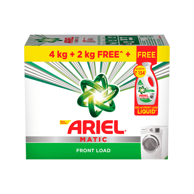 Ariel Matic Front Load Detergent Powder – Free 500 ml Liquid Detergent Inside – 6 kg + 500 ml