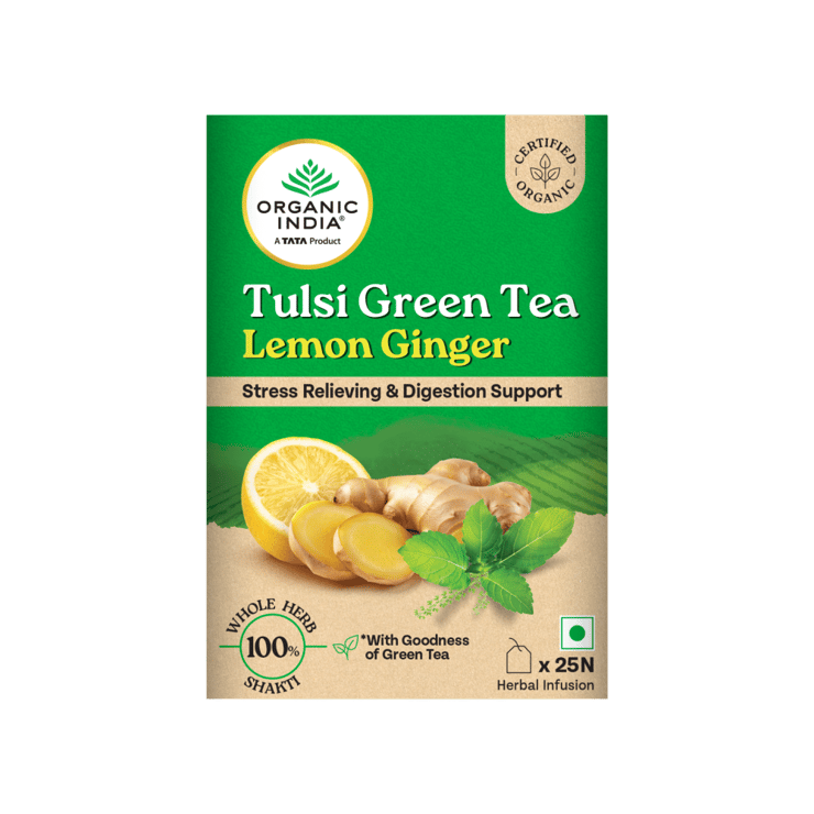 Organic India Lemon Ginger Tulsi Green Tea Bags – 25 pieces