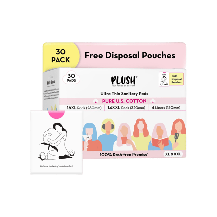 Plush Rash Free Sanitary Pads (16 XL+ 14 XXL Pads and 4 Free Liners) – 1 pack (34 pieces)